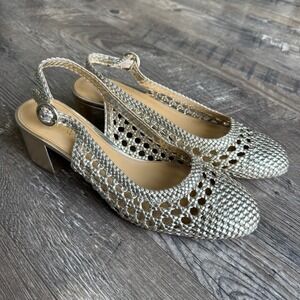 J. Crew Factory 8 Gold Woven Slingback Block Heels Round Toe Metallic Eyelet